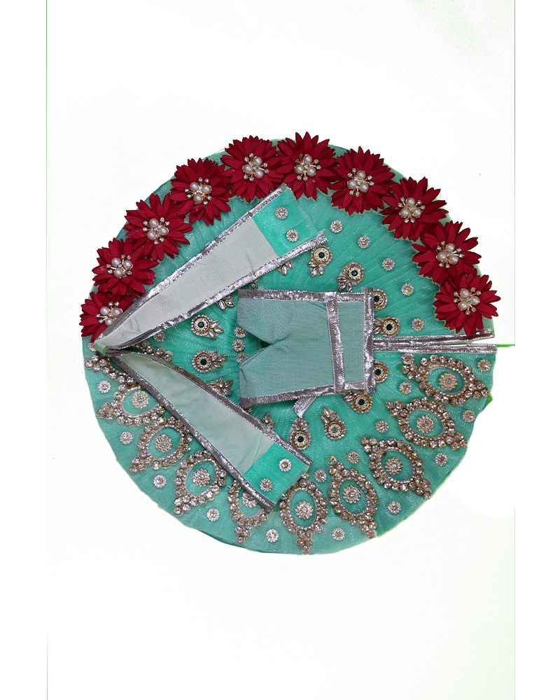 Green Laddu Gopal Dress With Red Floral Border And Silver Embroidery