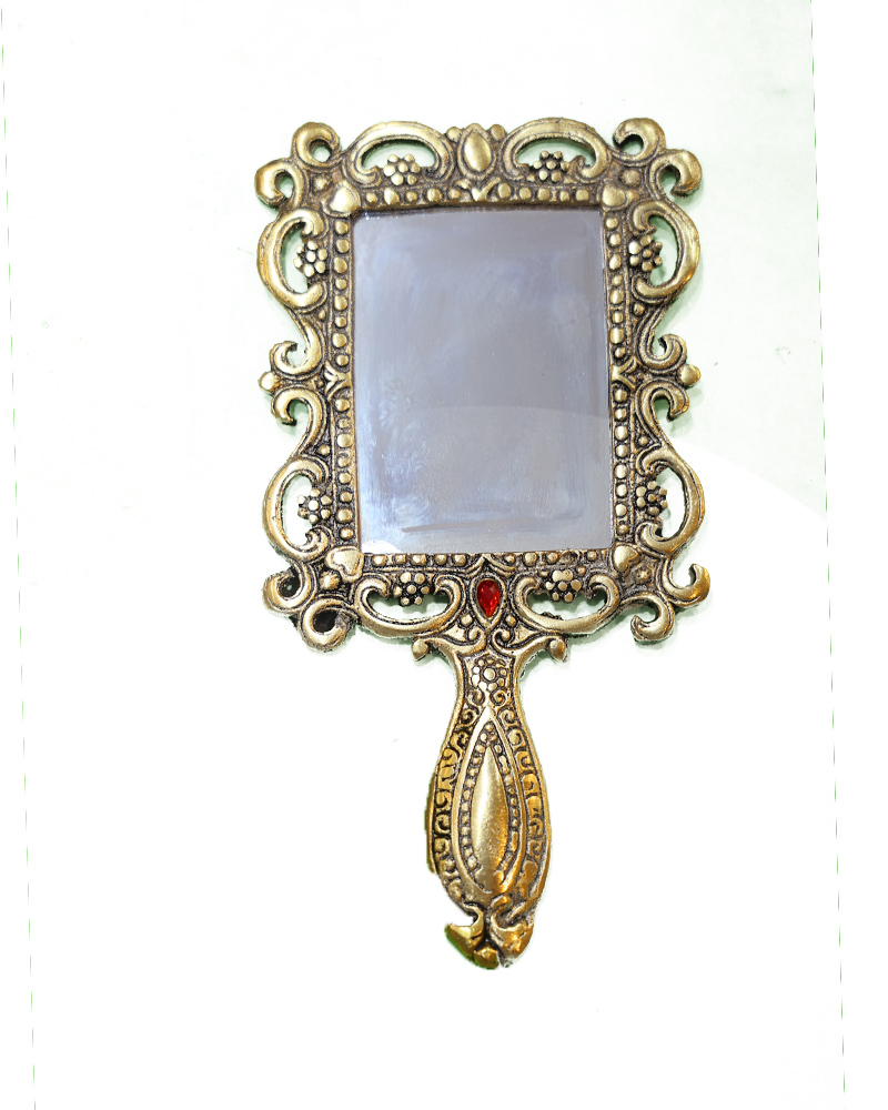 Antique Brass Hand Mirror With Red Stone Rectangular Ornate Design