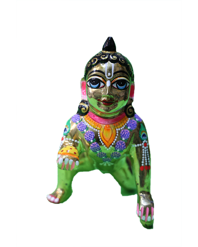 Shiny Gold-toned Laddu Gopal Statue With Blue & Pink Accents