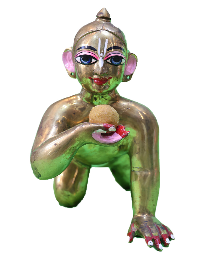 Charming Bal Gopal Statue Brass Laddu Gopal Idol Feasting On His Favorite Sweet