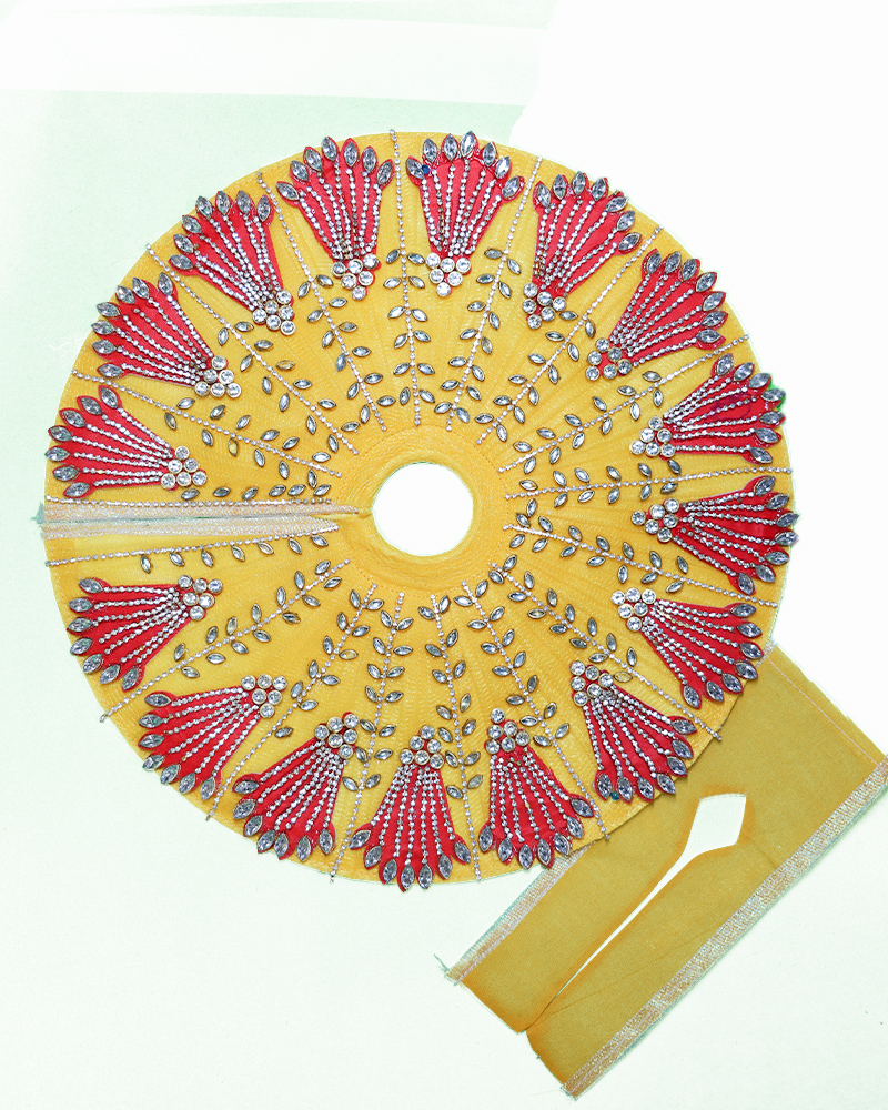 Bright Yellow Laddu Gopal Dress With Red Floral Embroidery And Diamond Stones