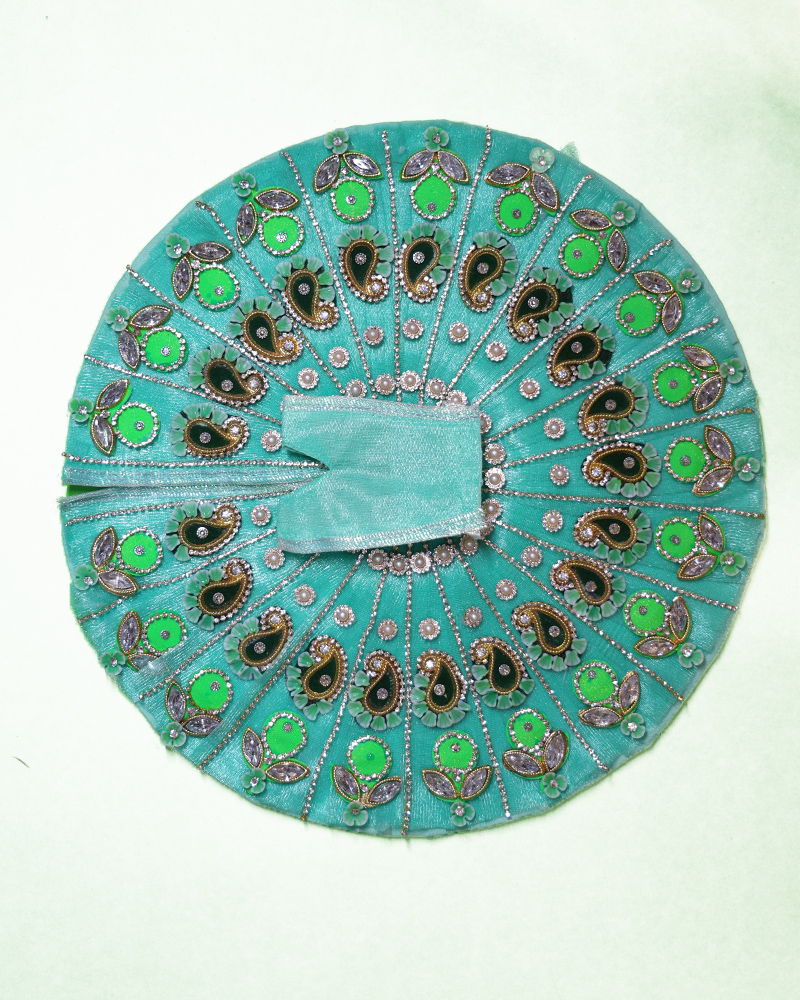 Peacock Green Laddu Gopal Dress With Designer Stone And Leaf Motif Work