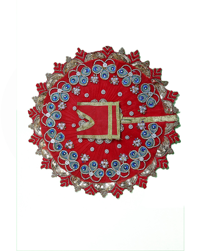 Handcrafted Red Laddu Gopal Dress With Blue Floral Stone Work