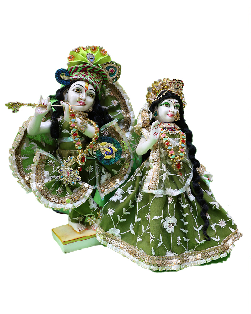 Beautifully Dressed Radha Krishna Murti Green Sequin Outfits