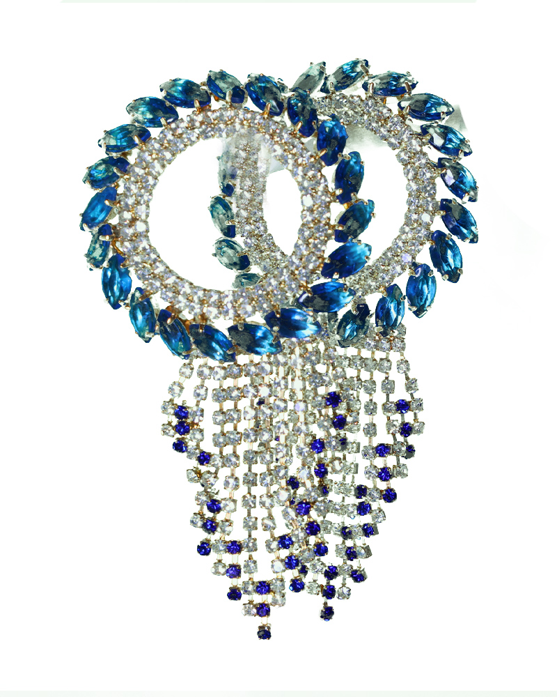Blue Crystal Wide Bracelet With Hanging Stone Strands Dazzling Statement Kada For Idols