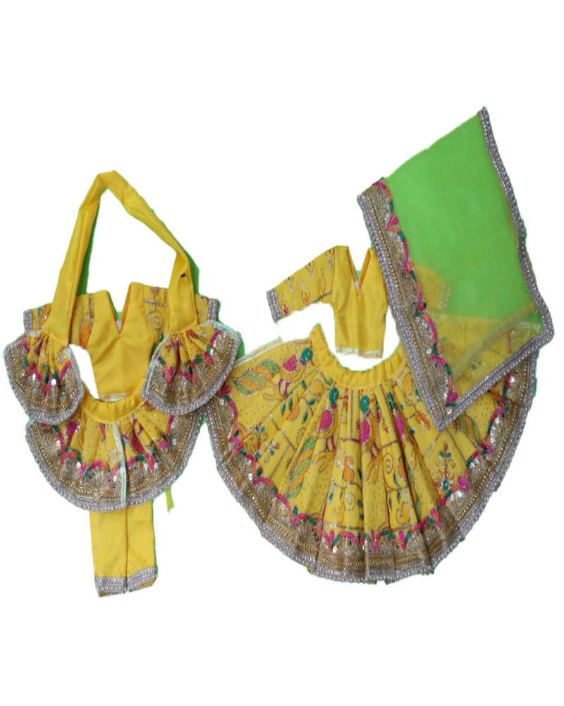 Bright Yellow Peacock Design Radha Krishna Dress With Green Net Dupatta