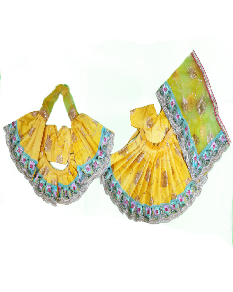 Bright Yellow Printed Radha Krishna Dress With Green Dupatta
