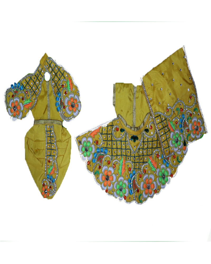 Classic Mustard Yellow Floral Embroidered Radha Krishna Dress Set