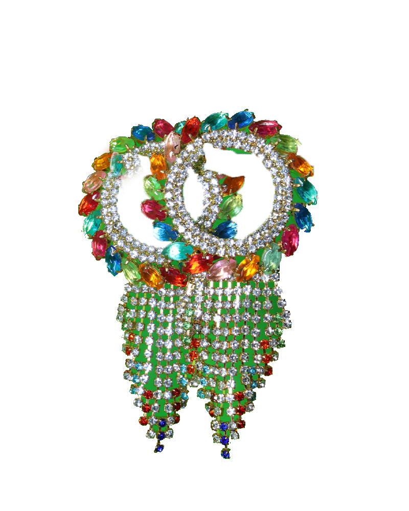Colorful Gemstone Studded Wide Cuff Bracelet With Dangling Chains Eye-catching Shringar Kada For Deities