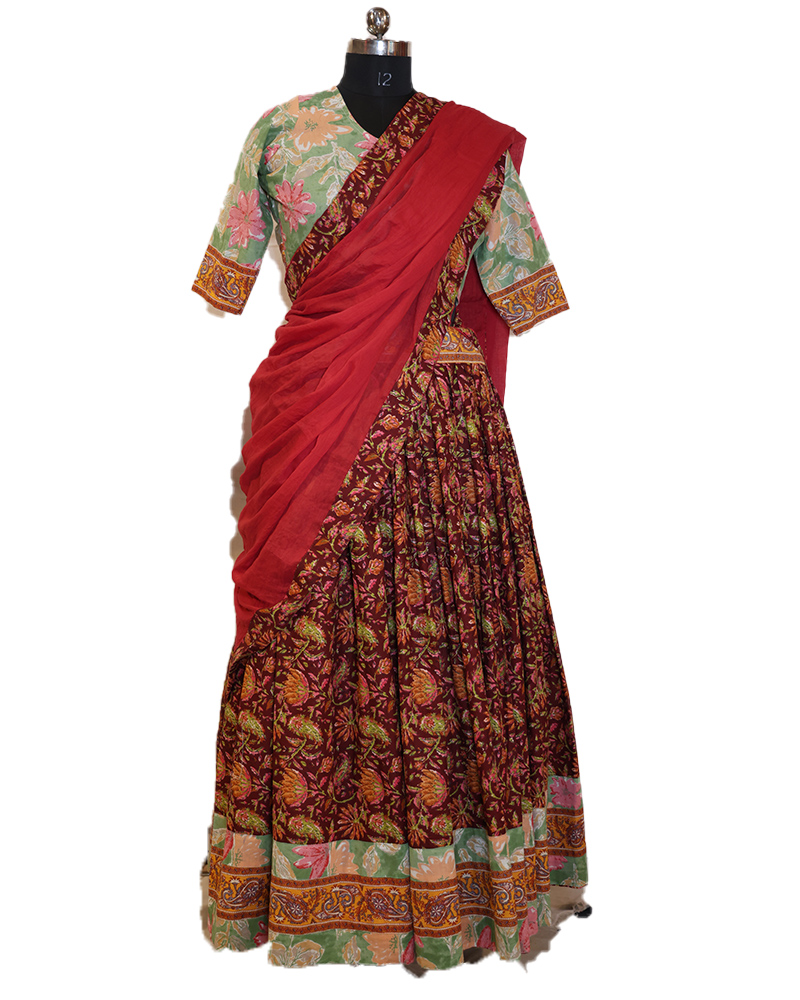 Contrast Block Print Lehenga With Maroon Skirt & Green Blouse