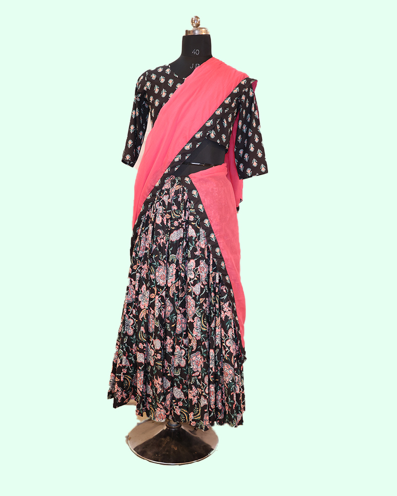 Designer Printed Lehenga Style Dress Black And Pink Ethnic Set