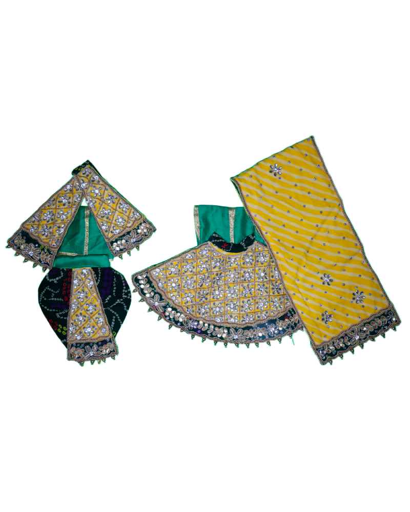 Stone Work Yellow Dress For Radha Krishna With Devotional Theme