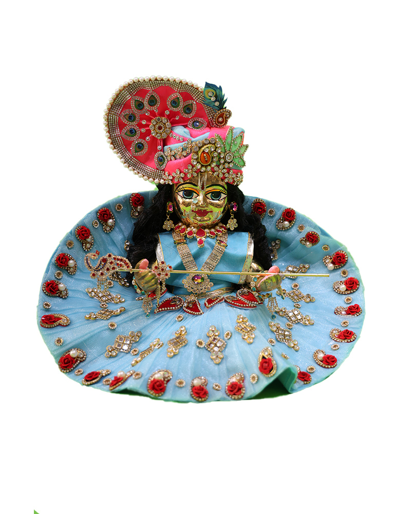 Dressed Laddu Gopal Idol In Blue Elaborate Baby Krishna Deity