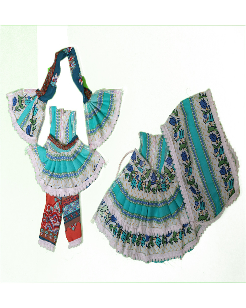 Elegant Blue Floral Print Cotton Radha Krishna Dress With Frill Detailing