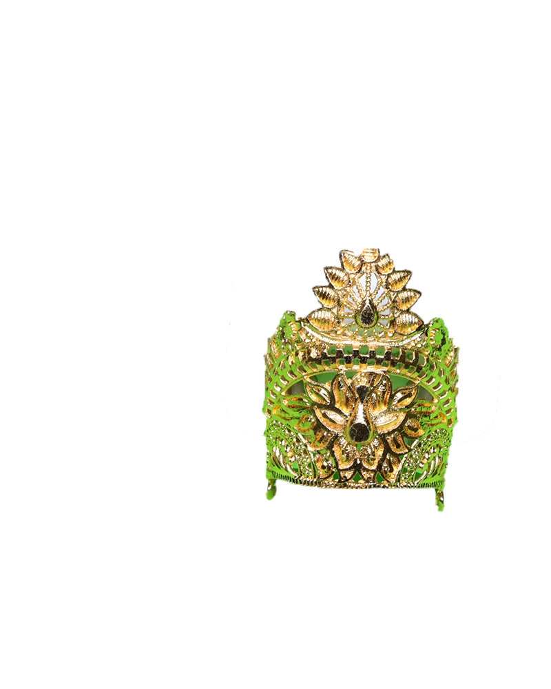 Elegant Green Base Mukut With Golden Leaf Embellishments For Idols