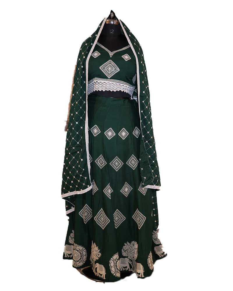 Ethnic Green Lehenga With Mirror Work & Elephant Motifs & Festive Ghagra Choli Outfit