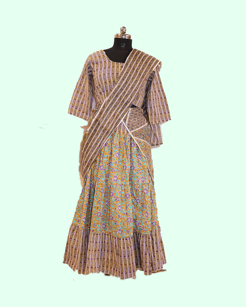 Floral Printed Anarkali Gown With Striped Dupatta Set