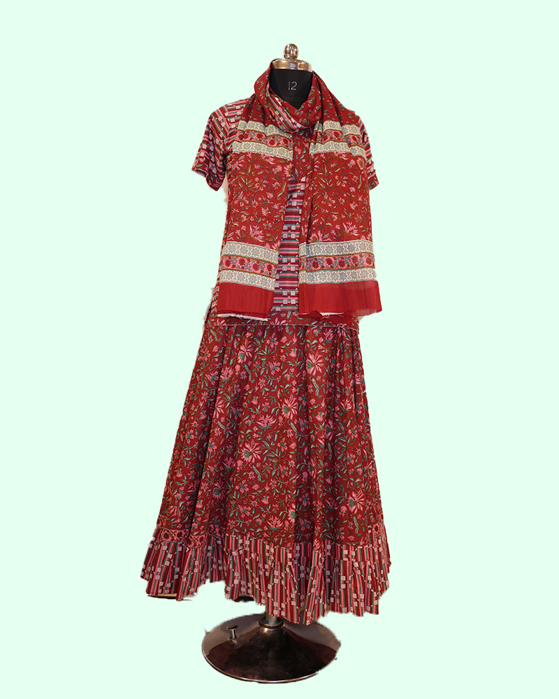 Floral Printed Ethnic Dress Set Red Traditional Outfit For Women