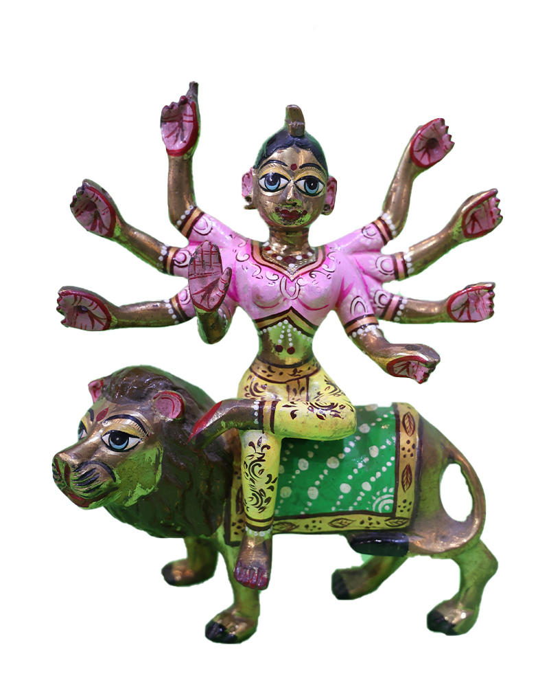Goddess Durga Riding Lion Brass Idol Multi-armed Deity Statue