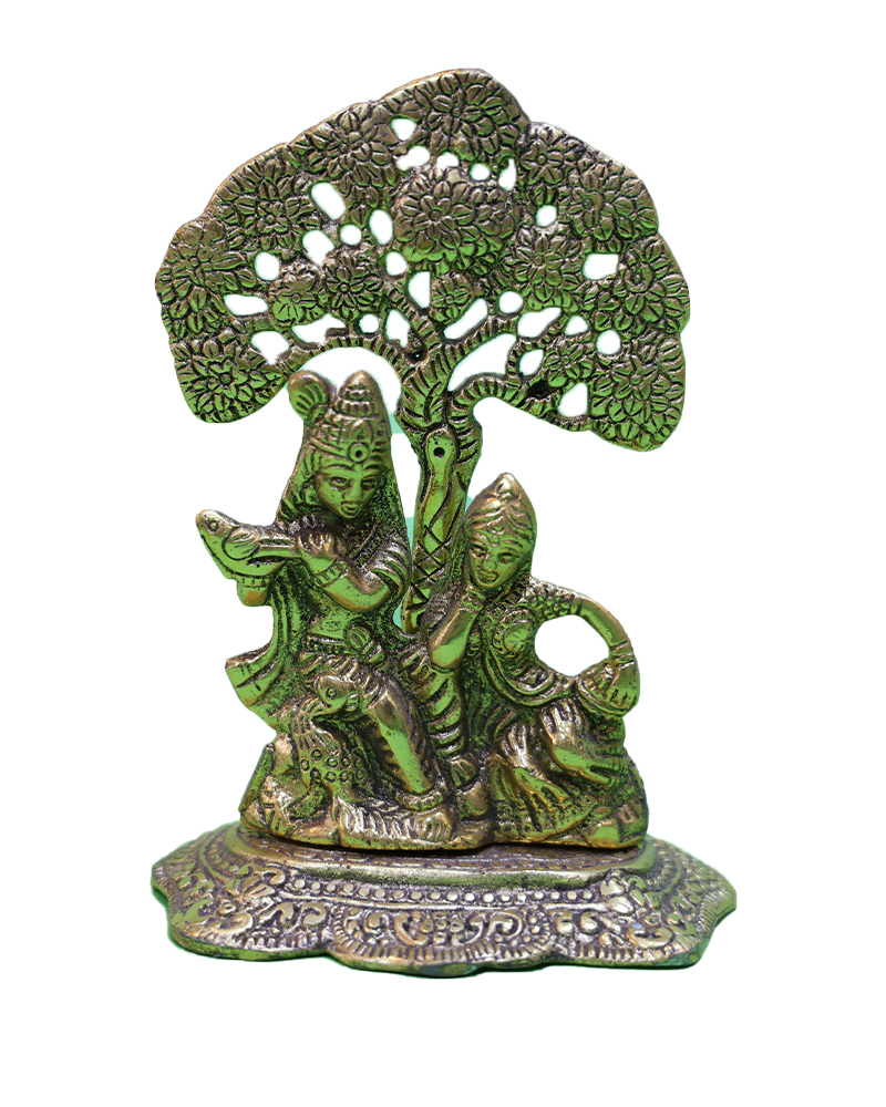 Golden Brass Radha Krishna Under Tree Romantic Deity Sculpture