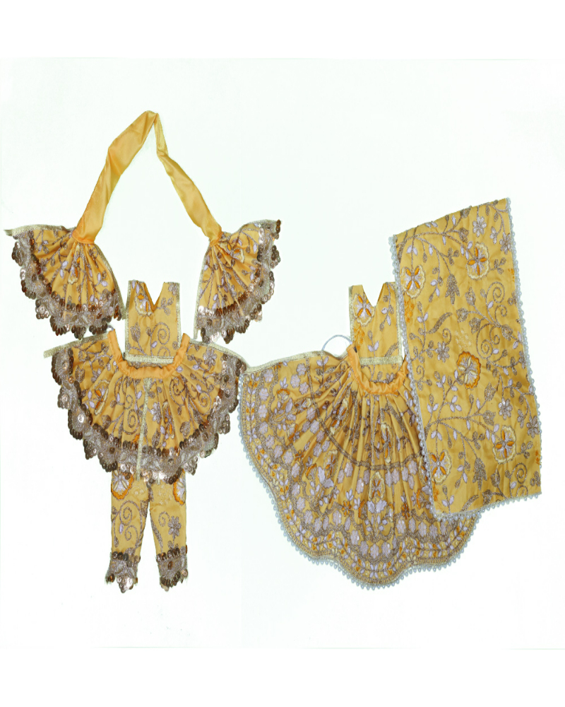 Golden Yellow Embroidered Radha Krishna Dress With Silver Sequin Work