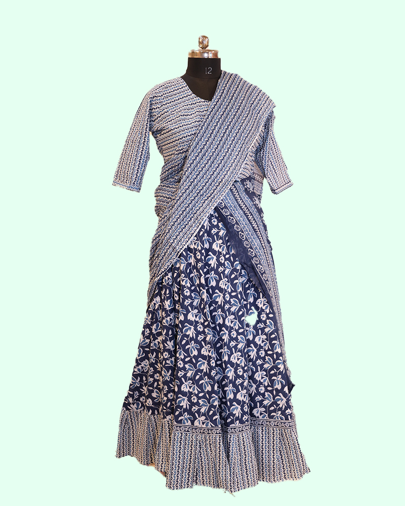 Indigo Blue Floral Block Print Saree With Striped Blouse