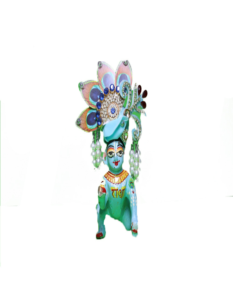 Light Blue Laddu Gopal Pugree With Peacock Feather & Pearl Drops
