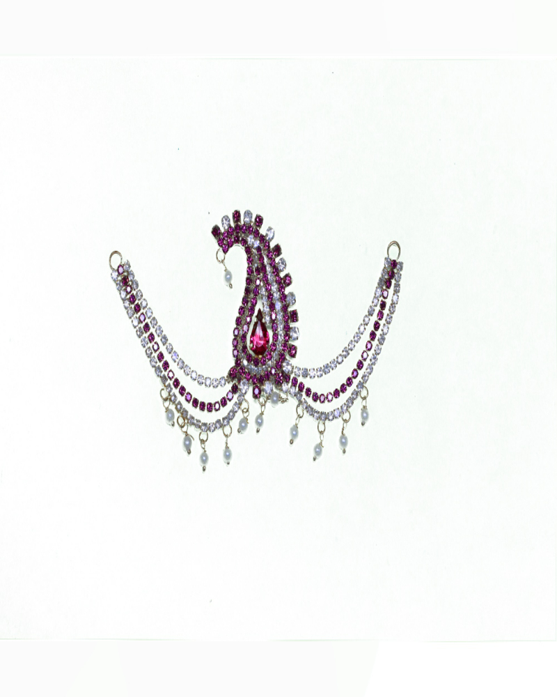 Magenta And White Stone Paisley Motif Jewelry Traditional Bridal Headpiece With Pearl Fringe