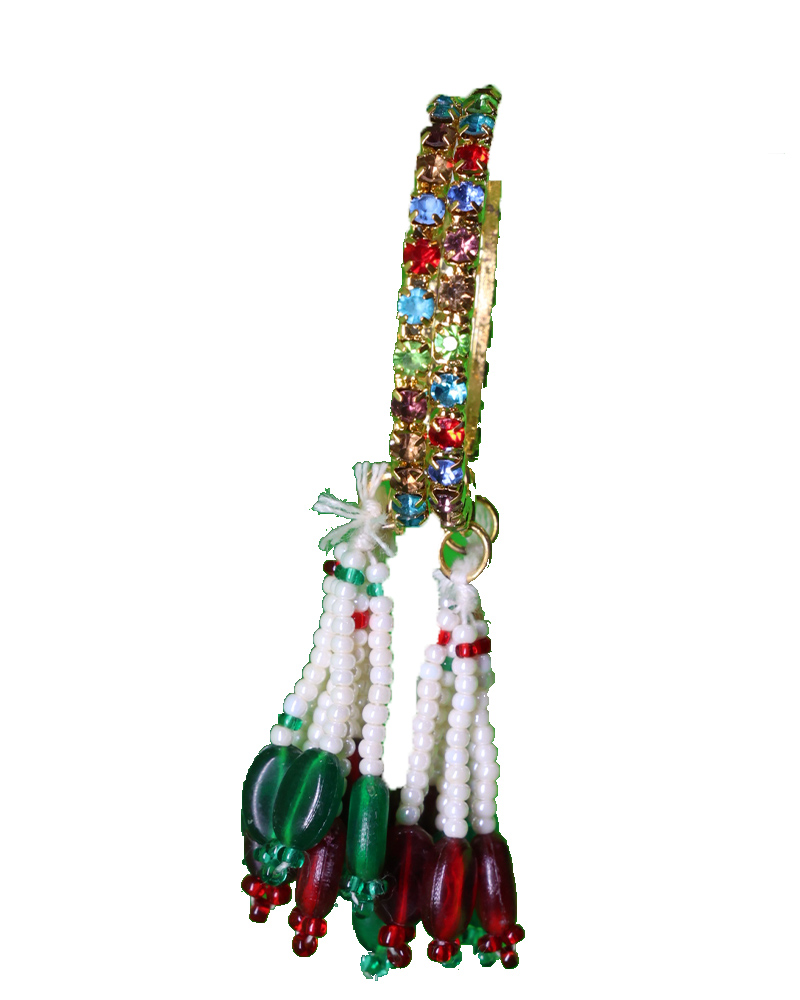 Multi-color Rhinestone Thin Bangle With Pearl & Glass Bead Tassels Unique Ethnic Wristlet