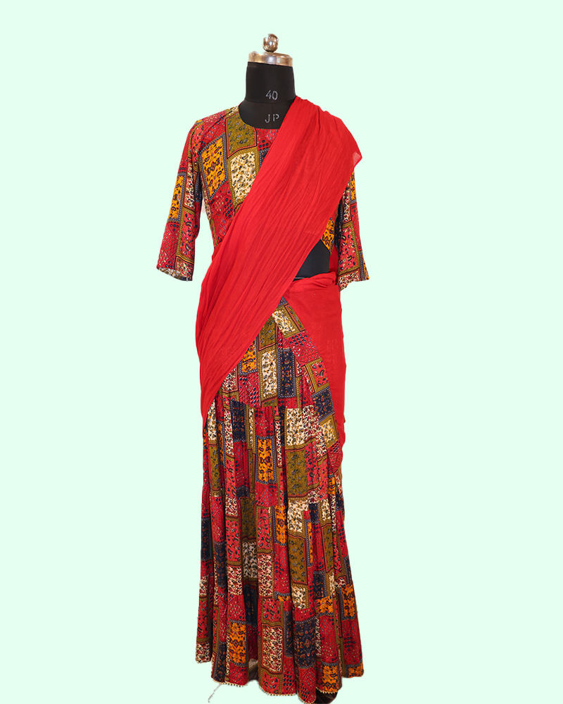 Multicolor Ethnic Outfit For Women Block Print Style With Red Wrap