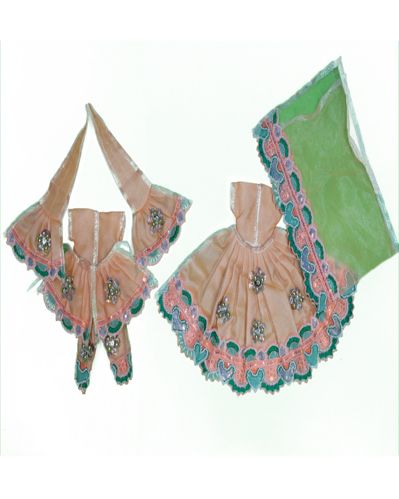 Pastel Peach & Green Sequin Radha Krishna Dress For Deity Idols