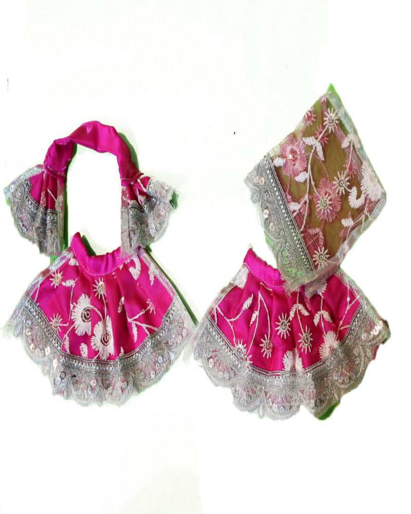 Radiant Magenta Pink Floral Embroidered Radha Krishna Dress With Silver Lace
