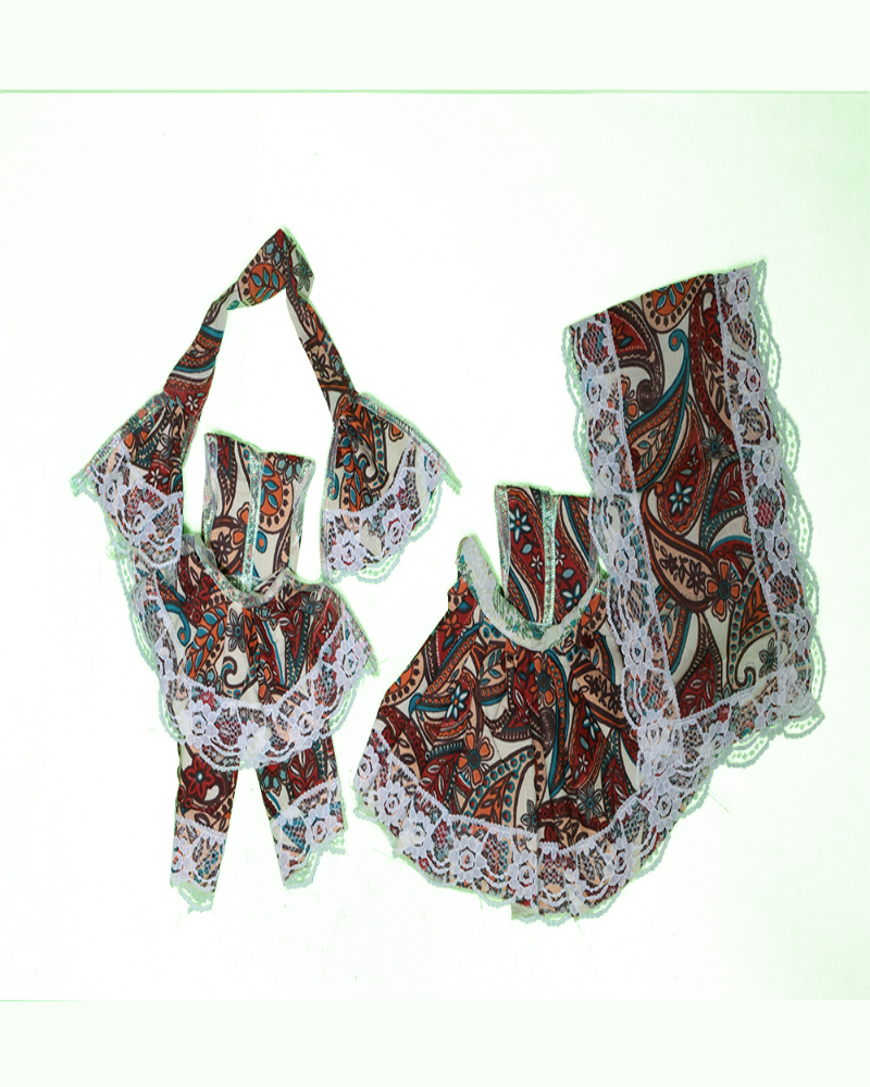 Rustic Paisley Print Radha Krishna Dress With White Lace Trim