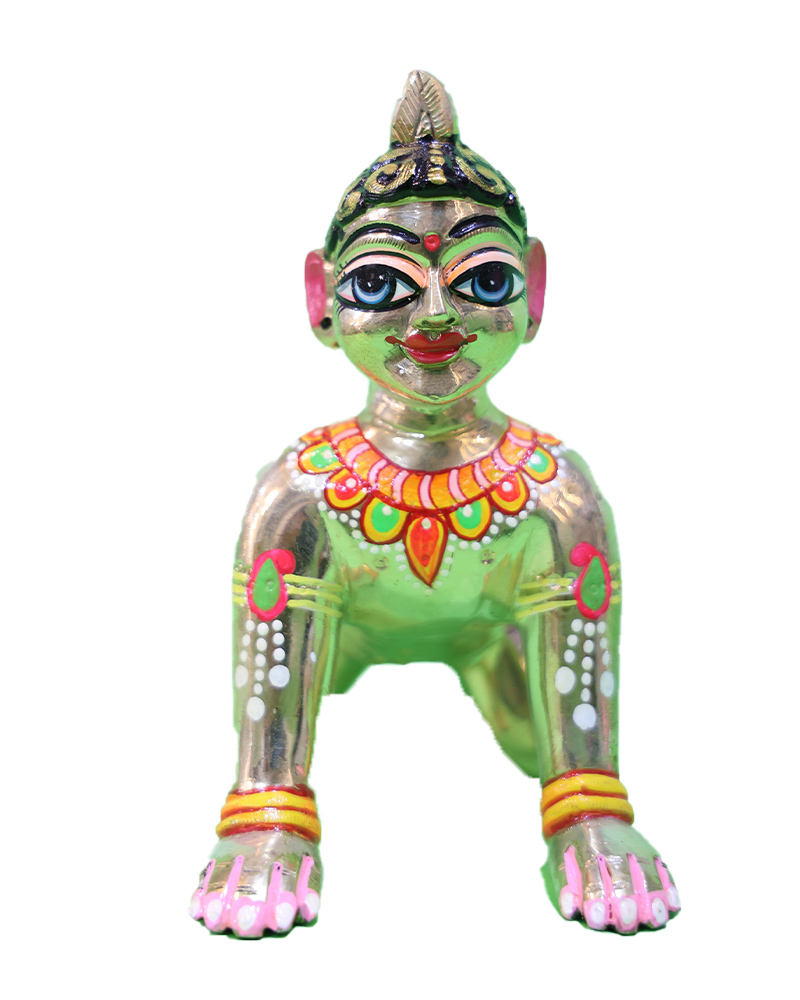 Shiny Gold-green Baby Krishna Murti With Red & Yellow Accents