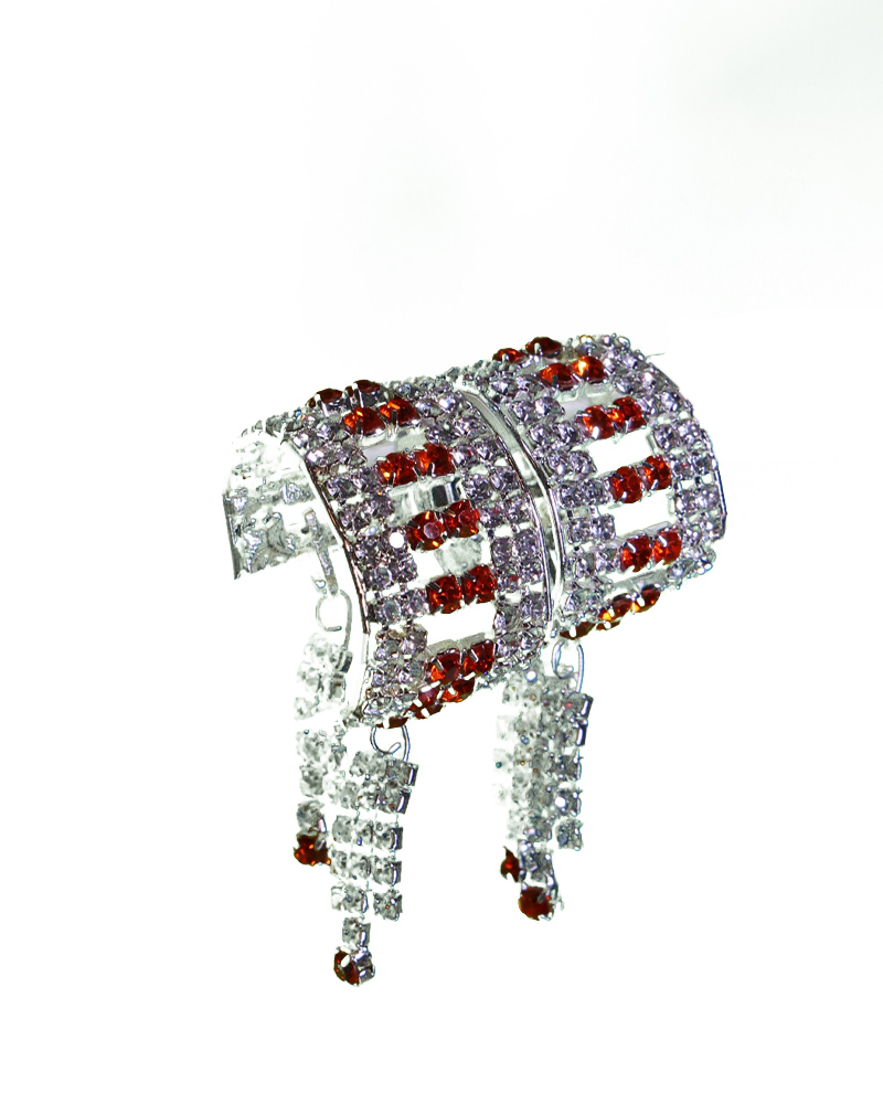 Striking Red & White Rhinestone Wide Cuff Bracelet With Hanging Strands Fashionable Statement Jewelry