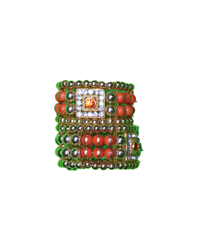 Traditional Green & Red Beaded Deity Bracelet With Square Stone Center Ethnic Kada For Krishna And Radha