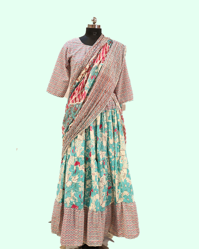 Traditional Handcrafted Anarkali Dress With Floral & Zigzag Print