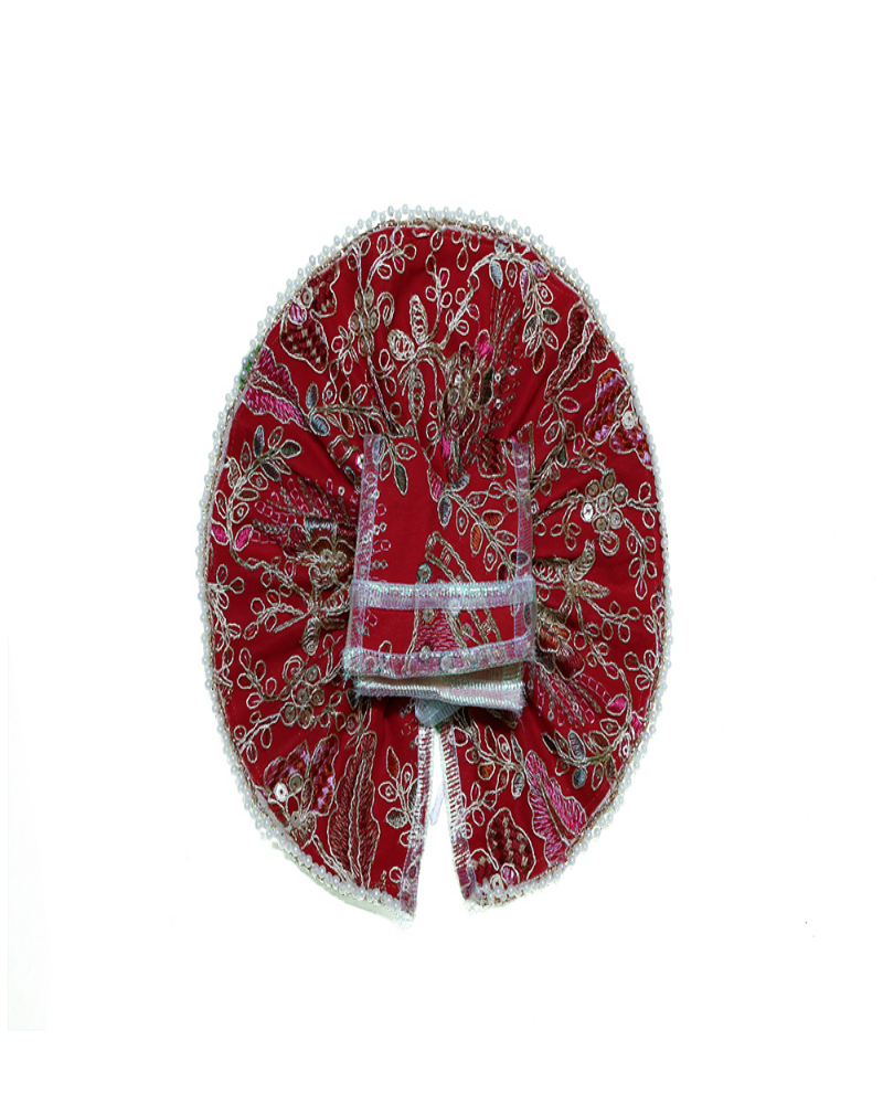 Traditional Red Laddu Gopal Poshak With Floral Embroidery & Pearl Border