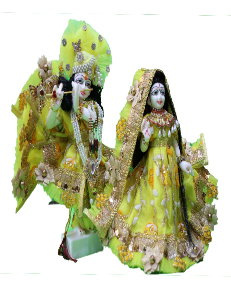 Vibrant Yellow Radha Krishna Idols Gold Embellished Attire
