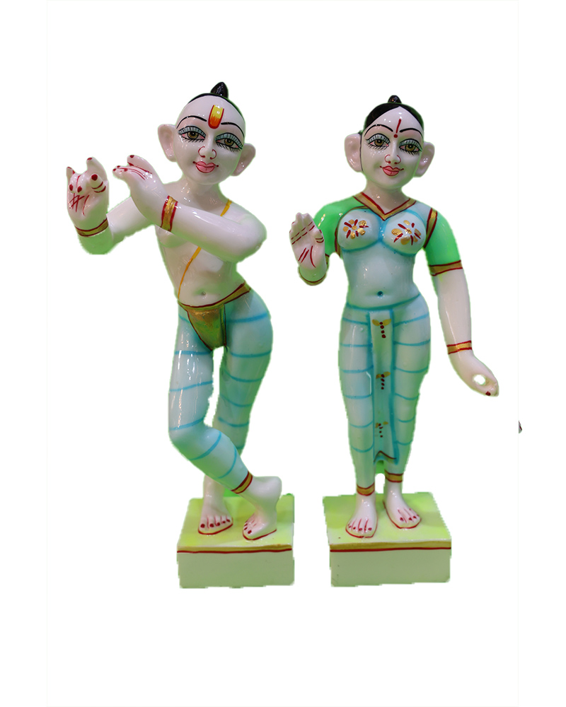 White Krishna And Radha Marble Idols Blue Dress Deity Pair