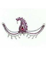 Magenta and White Stone Paisley Motif Jewelry Traditional Bridal Headpiece With Pearl Fringe