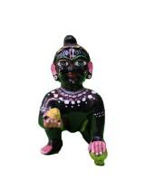 Black Bal Gopal Idol With Yellow Makhan Hand-Painted Baby Krishna Statue
