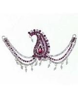 Magenta and White Stone Paisley Motif Jewelry Traditional Bridal Headpiece With Pearl Fringe