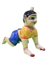 Hand-Painted Laddu Gopal Idol In Yellow Dress Baby Krishna Crawling Murti