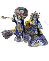 18 Inch Radha Krishna Idol | Premium Dust Marble Murti | ISKCON Style | With Yellow & Blue Zardosi Poshak | Complete Shringar