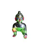 Shiny Silver-Green Baby Krishna Butter Thief Statue Playful Child Krishna Murti