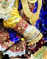Beautiful Radhaballav Ji Poshak Royal Blue with Gold and Pink Accents
