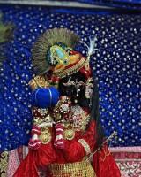 Radhaballav Ji Poshak in Vibrant Red with Peacock Feathers and Gold Accents
