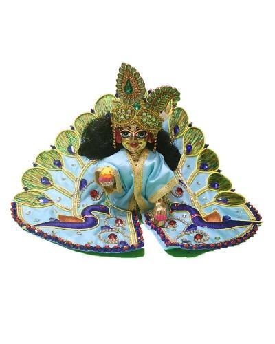 Serene Blue Laddu Gopal Idol Dressed In Peacock Design Poshak & Intricate Blue Mukut For Festivals