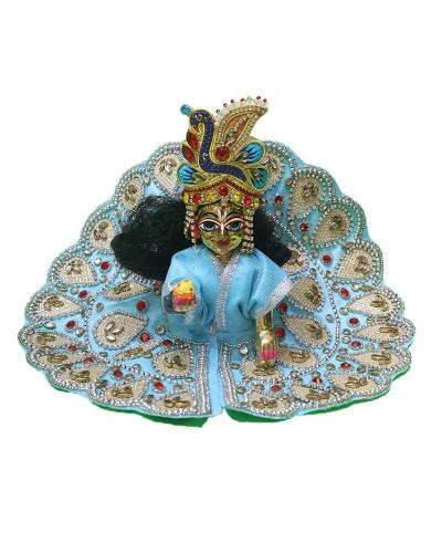 Divine Bal Gopal In Sky Blue Attire Adorned With Majestic Peacock Crown & Elegant Embellished Dress For Janmashtami